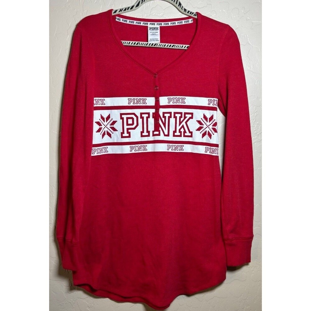 Victoria Secret PINK Womens S Red Thermal Sleep Shirt Snowflake Henley Holiday
